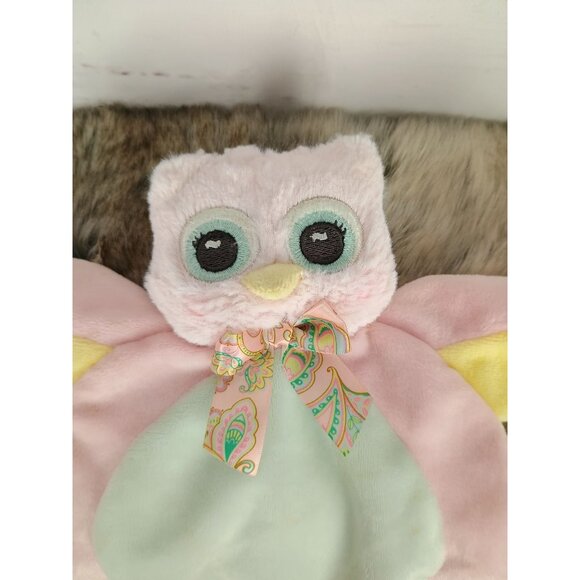 Bearington Wee Lil' Hoots Baby Pink Owl Lovey Yellow Round Knotted Plush 10in - Picture 4 of 7